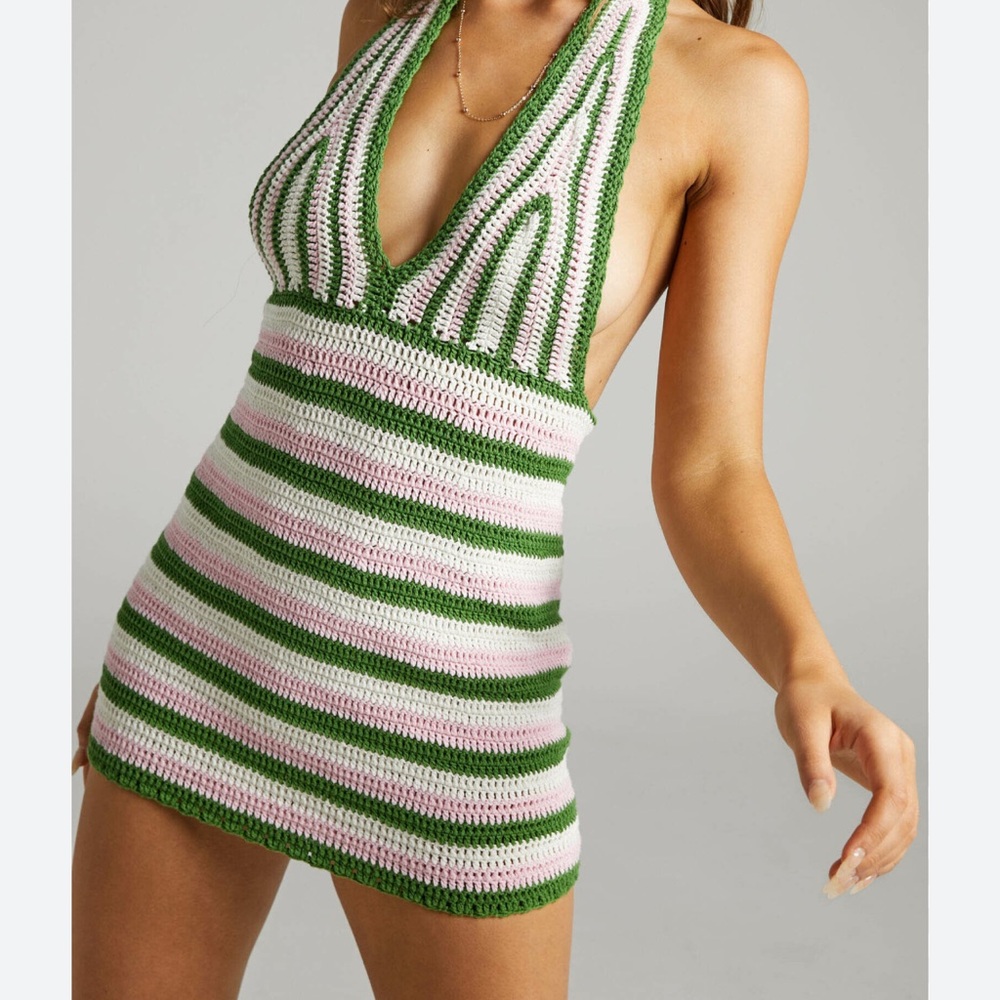 Striped Green and Pink Halter Swim Cover-Up Mini Dress